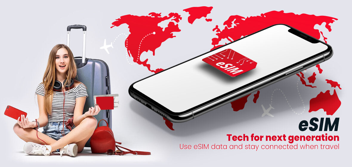 Traveller using an eSIM data plan on her phone — eSIM, tech for the next generation